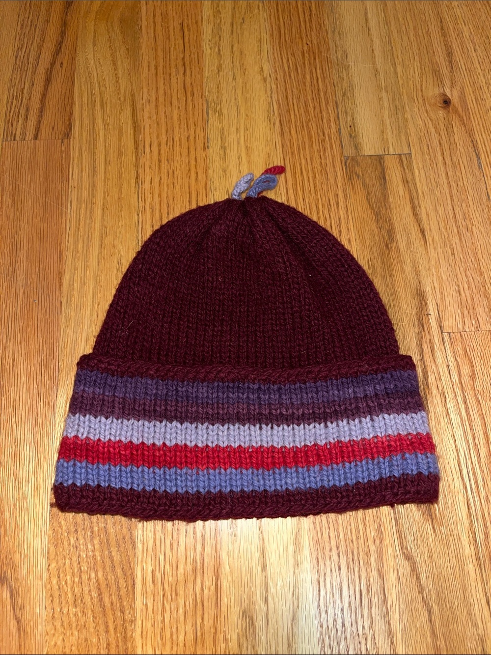 J. Crew Burgundy Beanie with Multicolor Striped Cuff - NEW!